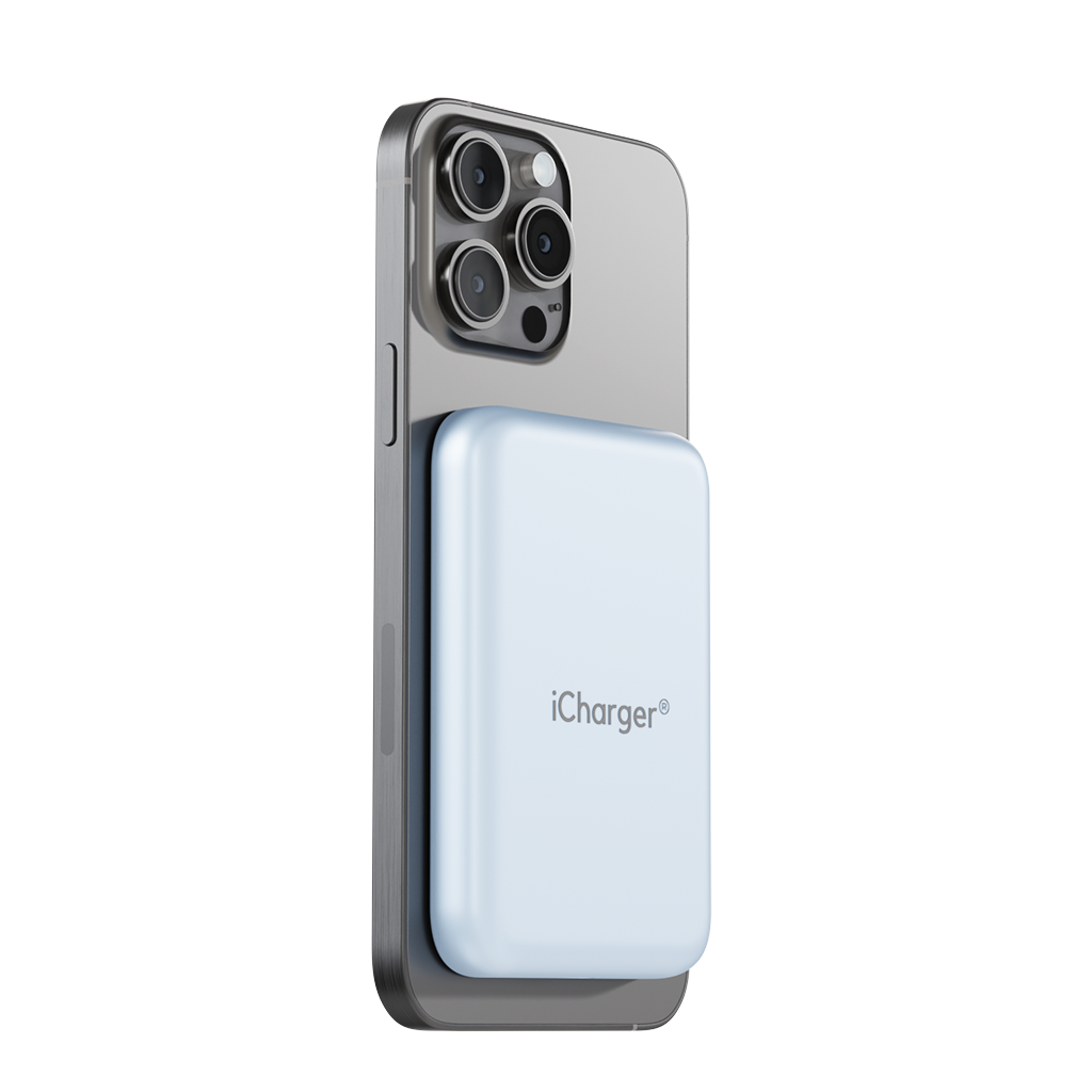 Lifestyle image of iCharger MAX Pro Magsafe battery pack, charging a iphone 15 pro max