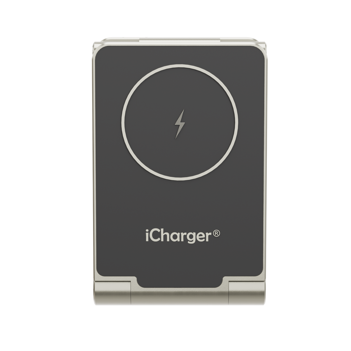 iCharger MagSafe Hybrid Pro in folded, portable design showcasing the MagSafe charging circle and iCharger branding, ideal for travel with Apple and Samsung device compatibility.