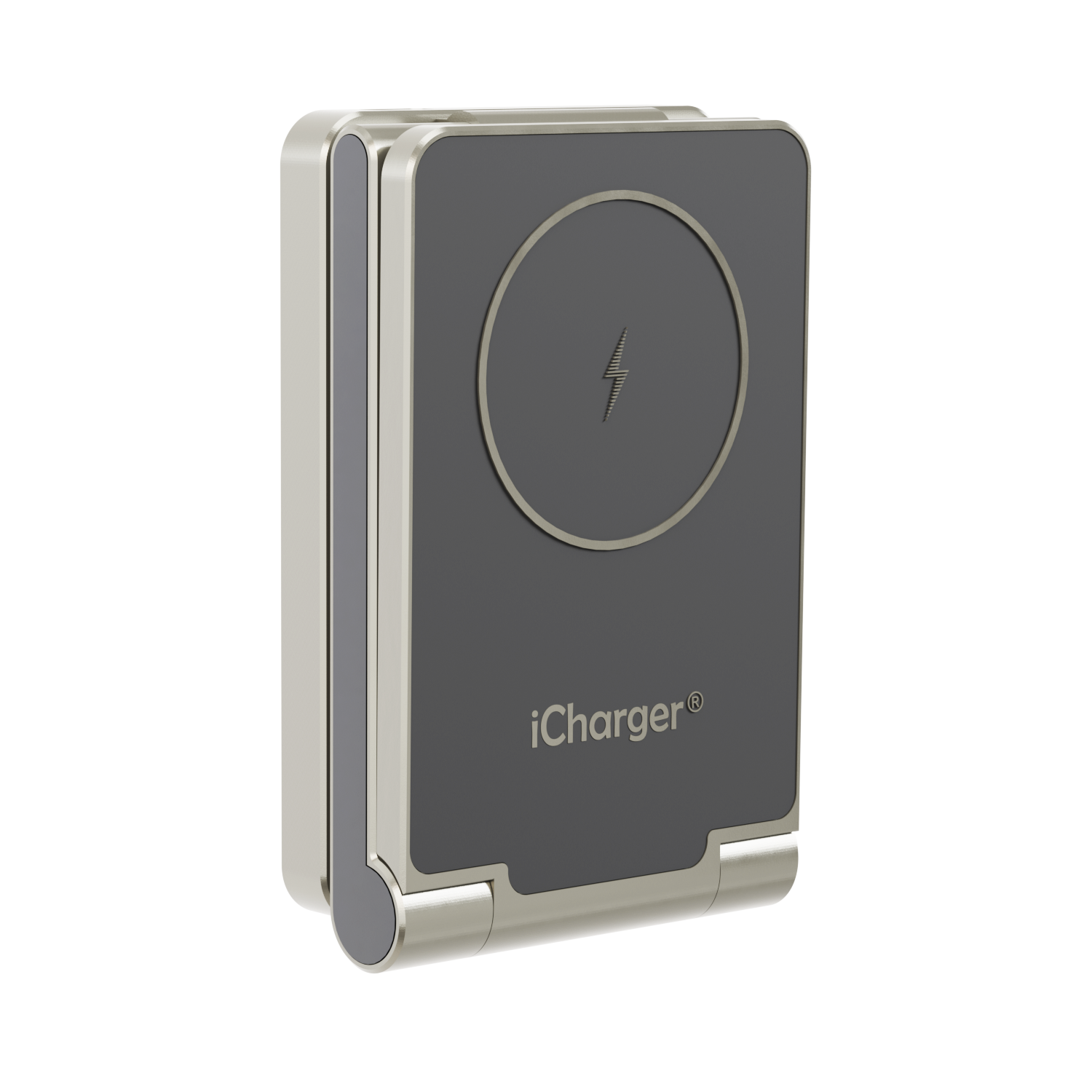 Compact iCharger MagSafe Hybrid Pro wireless charger in a folded, space-saving design featuring the signature MagSafe charging ring and the iCharger logo, tailored for efficient charging on the go.