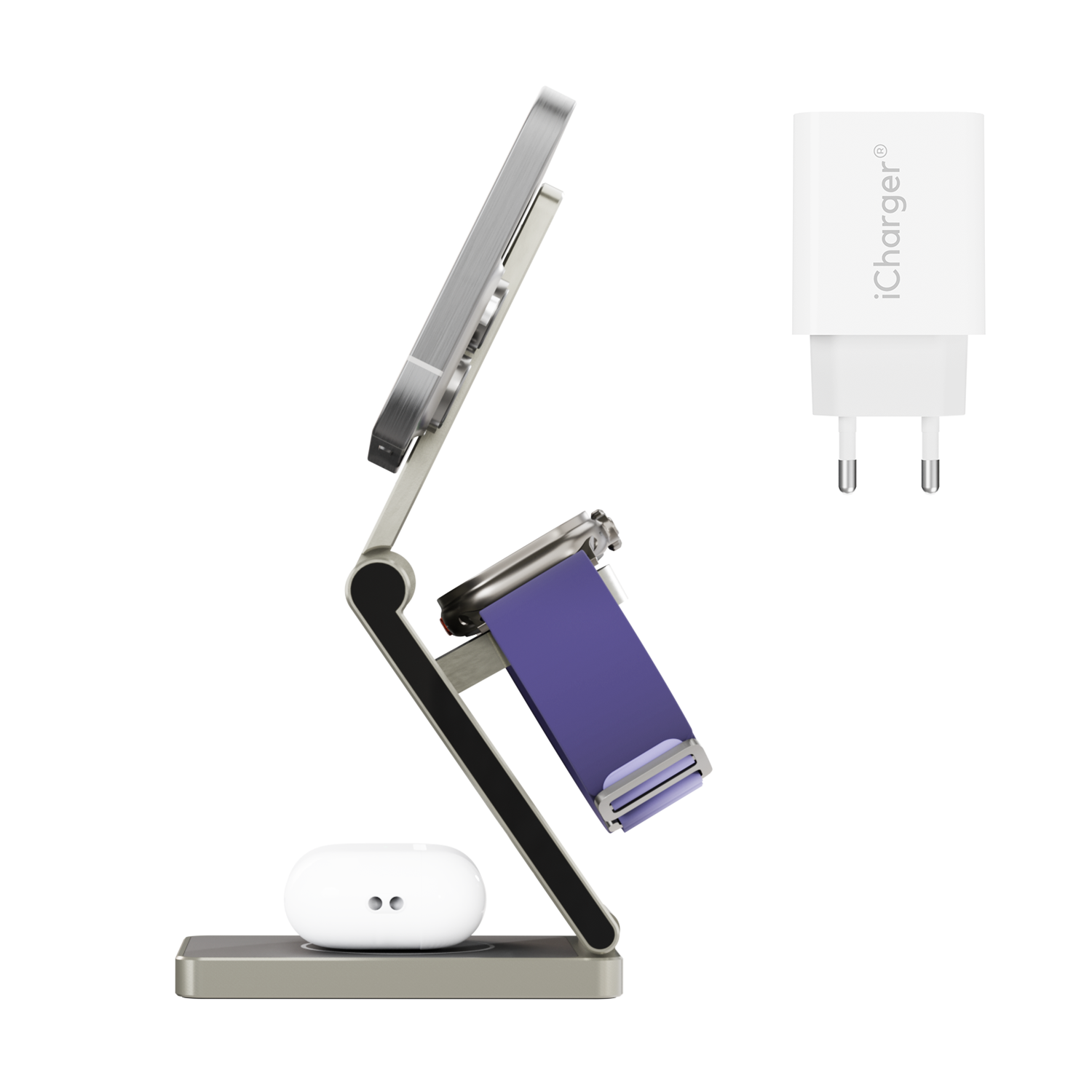 Versatile iCharger MagSafe Hybrid Pro wireless charging station with a 25W power adapter, providing fast, efficient charging for Apple and Samsung devices in a sleek, foldable design.