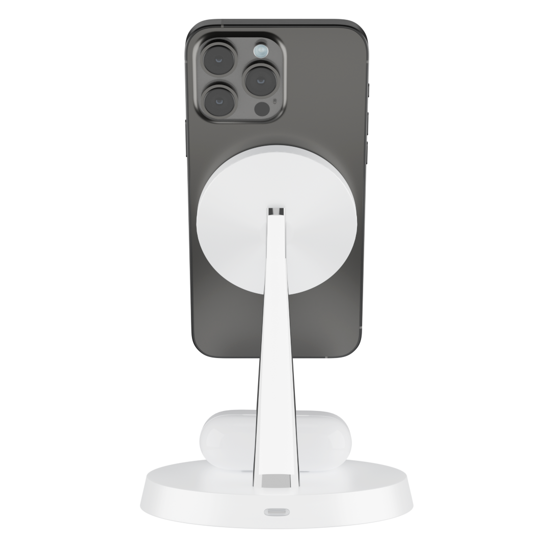 White version of the iCharger Dual Pro wireless charging hub, with a smartphone, smartwatch, and earbuds, highlighting the multi-device charging.