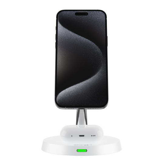 Sleek iCharger Dual Pro MagSafe wireless charger with LED indicator and included power adapter, ready for use.