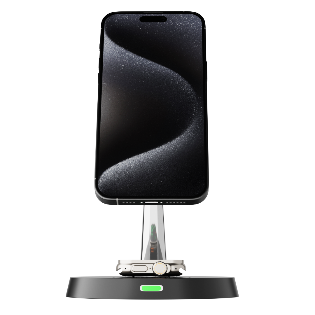 Side view of the iCharger Dual Pro wireless charger with a smartphone and earbuds case, emphasizing the thin, sleek charging stand