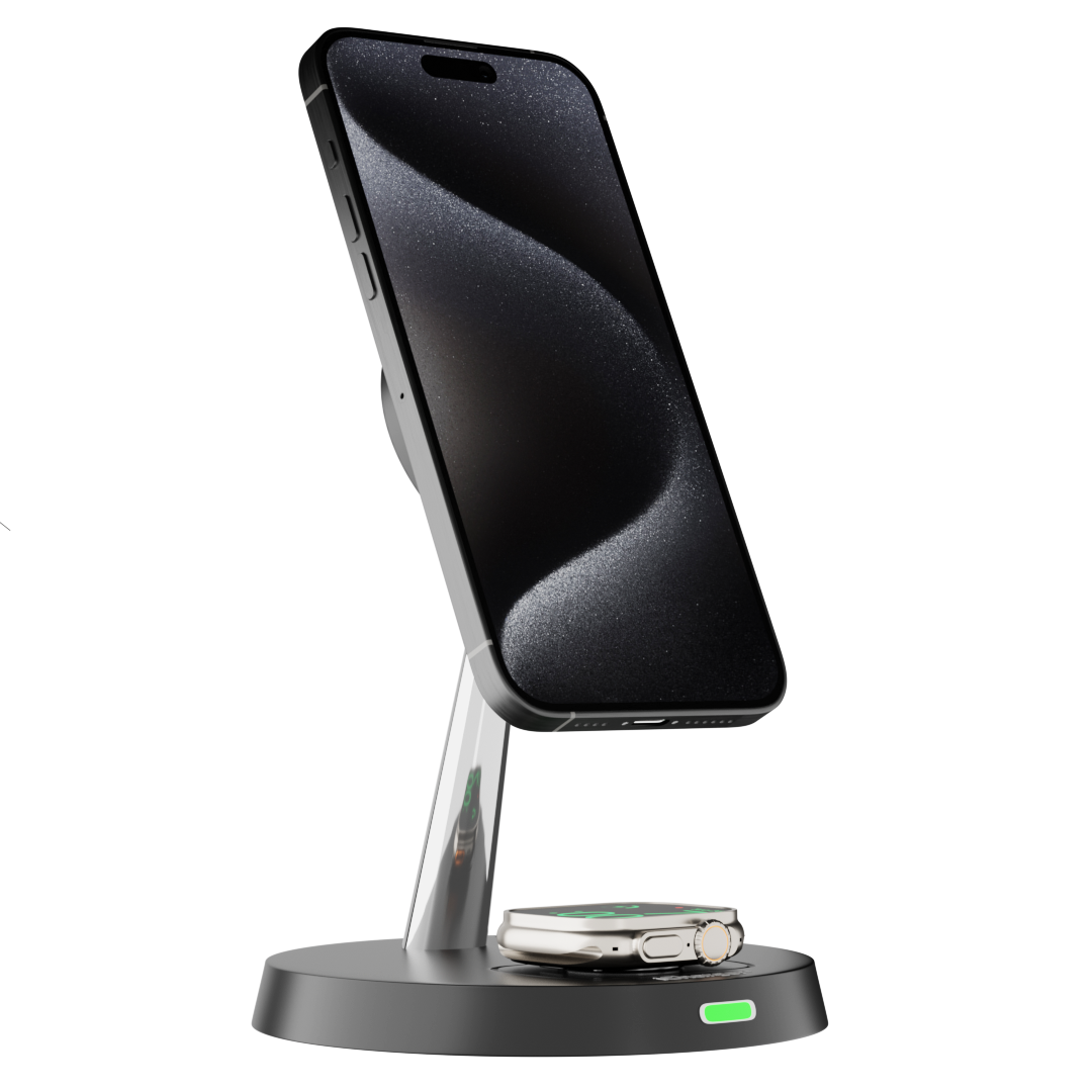 Minimalist design of iCharger Dual Pro wireless charger, with a green LED light signaling active charging.