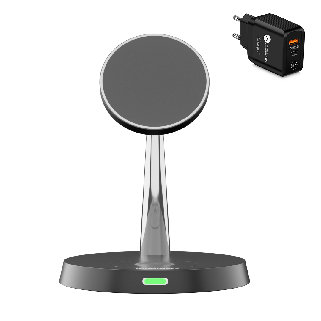 Sleek iCharger Dual Pro MagSafe wireless charger with LED indicator and included power adapter, ready for use.