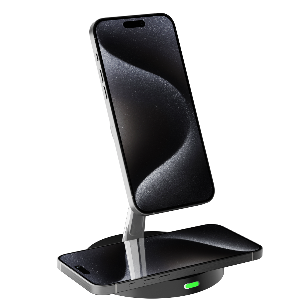 High-tech iCharger Dual Pro set up displaying its dual wireless charging points for multiple devices.