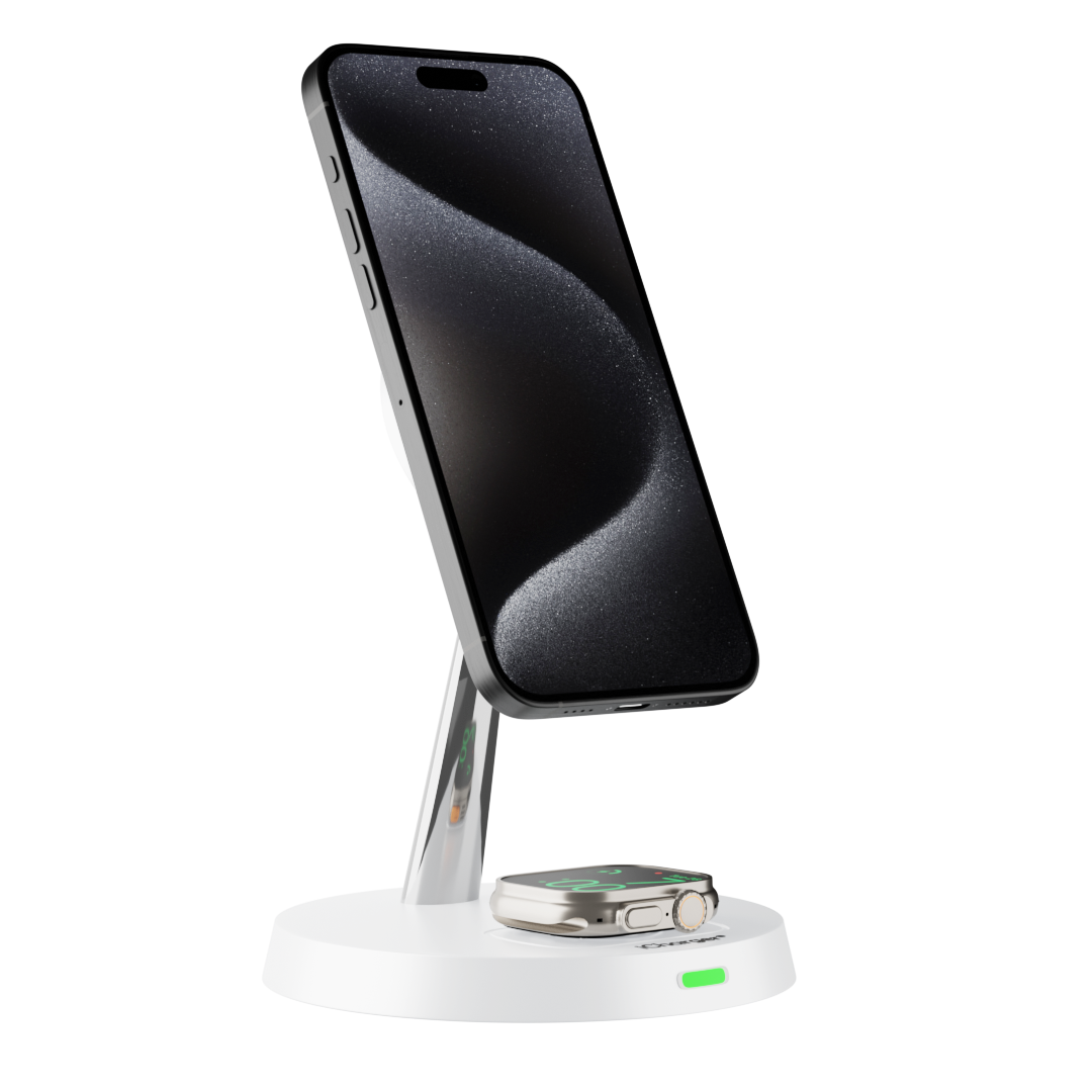 Black smartphone mounted on iCharger Dual Pro MagSafe wireless charging stand, showcasing the elegant charging interface.