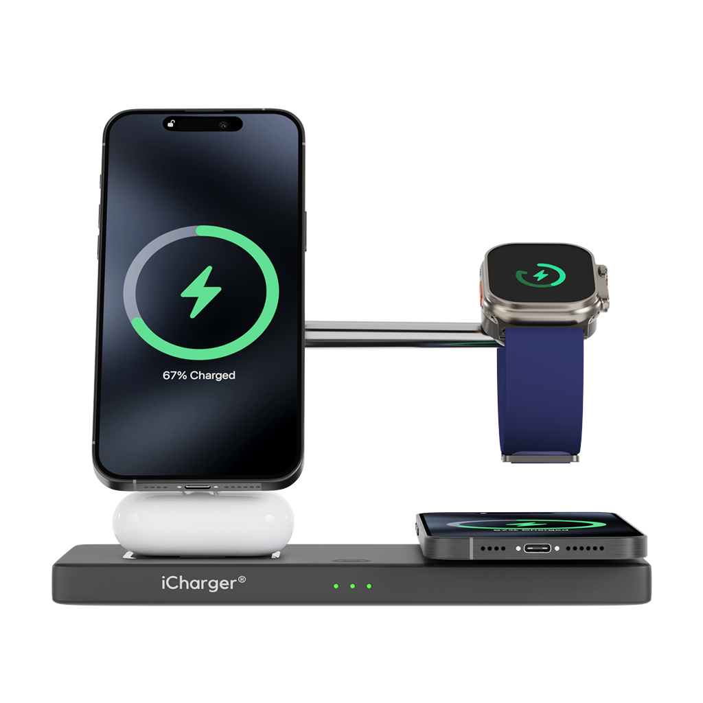 iCharger MagSafe Ultra Pro 7-in-1 wireless charging station on black background showcasing the bare docking interface without devices.