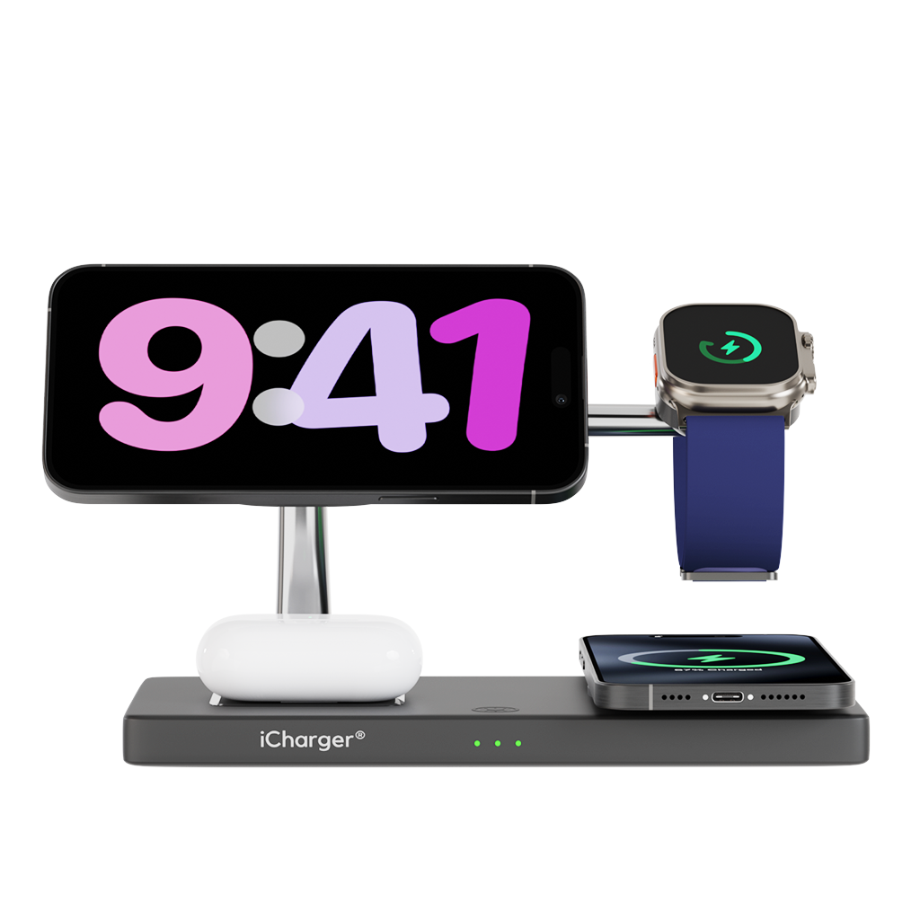Front view of iCharger MagSafe Ultra Pro 7-in-1 wireless charging station with a iphone 15 pro max ios 17 standby  and smartwatch actively charging on a black background.