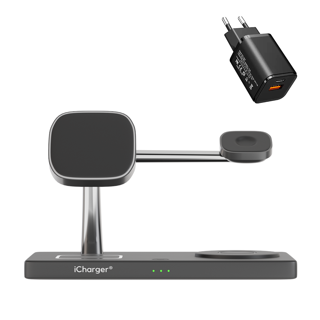 Sleek and modern wireless charging hub, 7-in-1 MagSafe-compatible, showcasing its capability to charge smartwatch and smartphone efficiently. 35W Power Adapter Charger