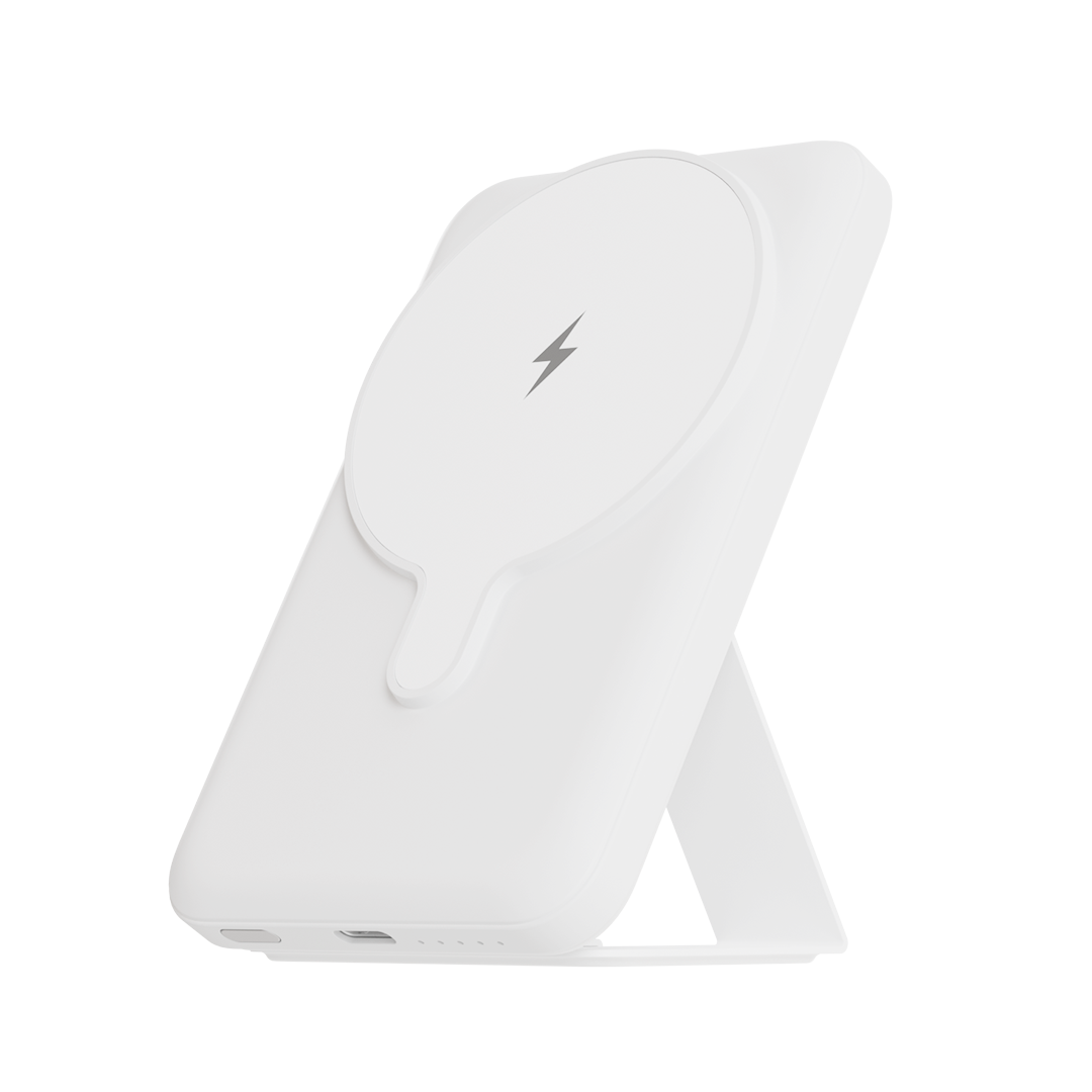 Sleek white iCharger MAX Pro Battery Pack highlighting the branded iCharger logo, ready to provide smart wireless charging.