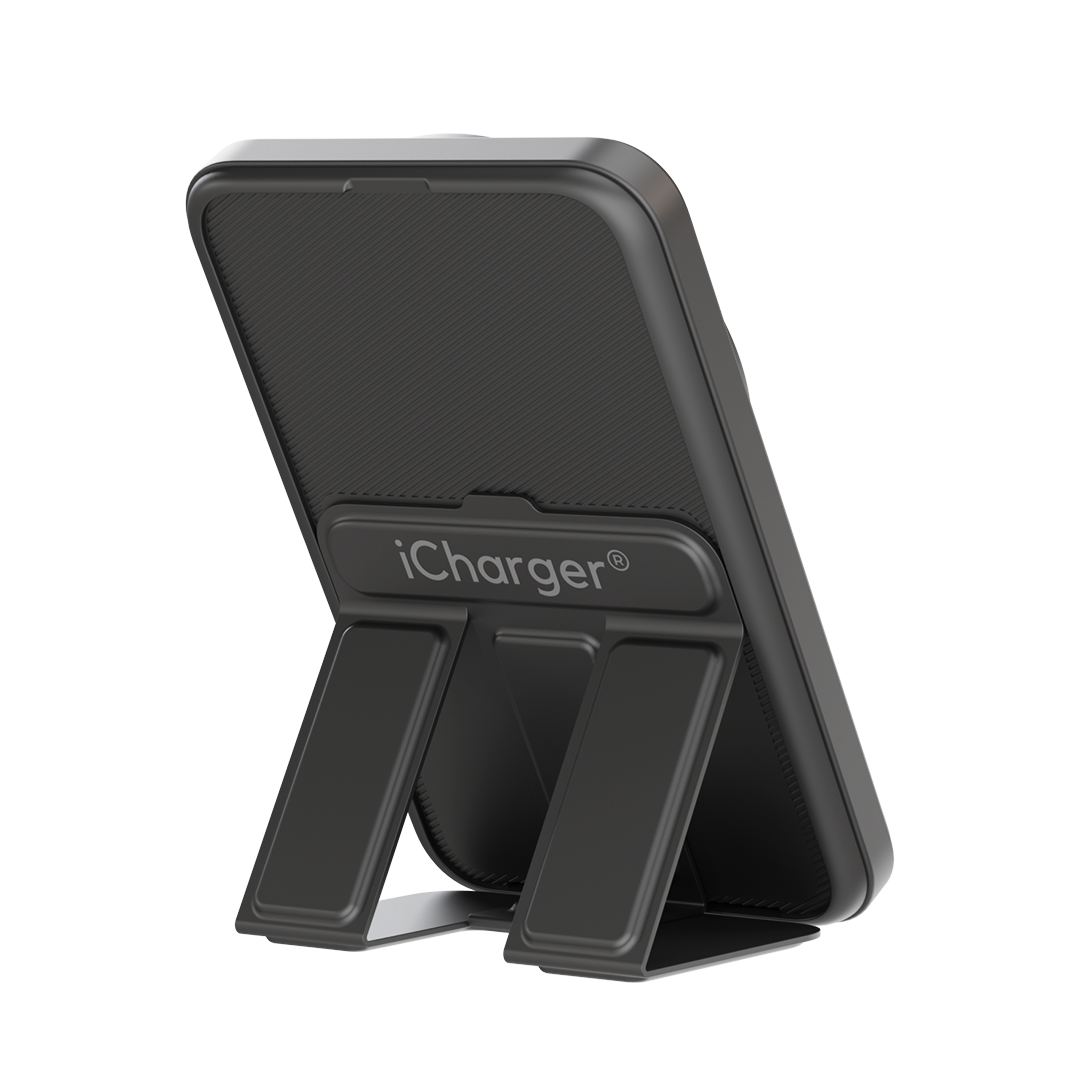 iCharger MAX Pro's versatile wireless power bank with built-in stand, offering hands-free viewing while charging devices wirelessly.
