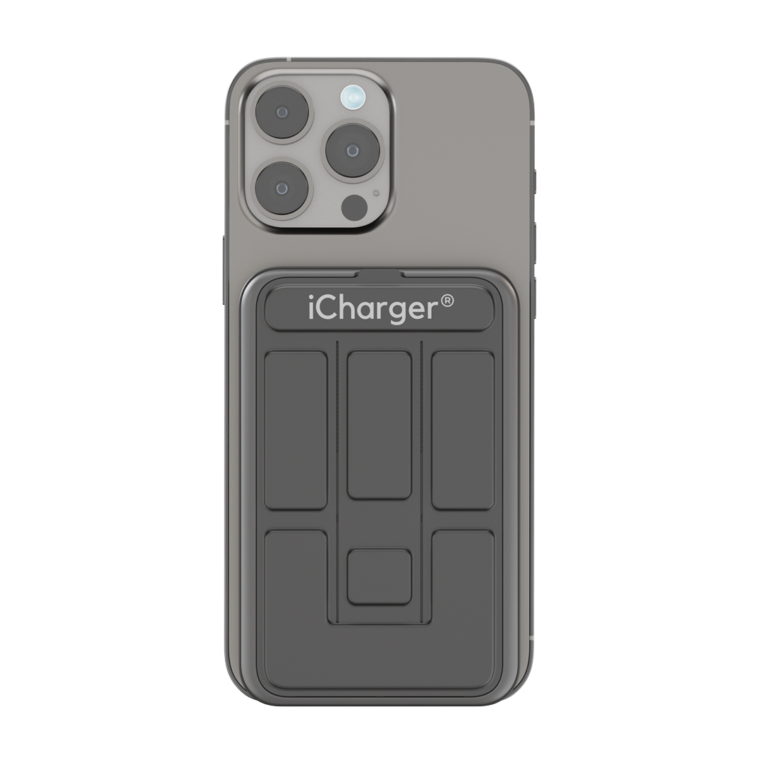 Top view of iCharger MAX Pro Magsafe Battery Pack showcasing the wireless charging surface with lightning symbol for intuitive use.