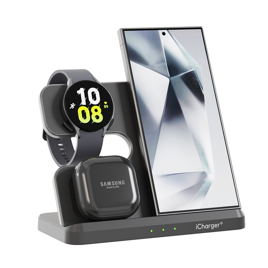 iCharger Samsungs editie 3-in-1 draadloze oplaadstation met een Samsung smartphone, smartwatch en oordopjes in een geïntegreerd zwart oplaaddock