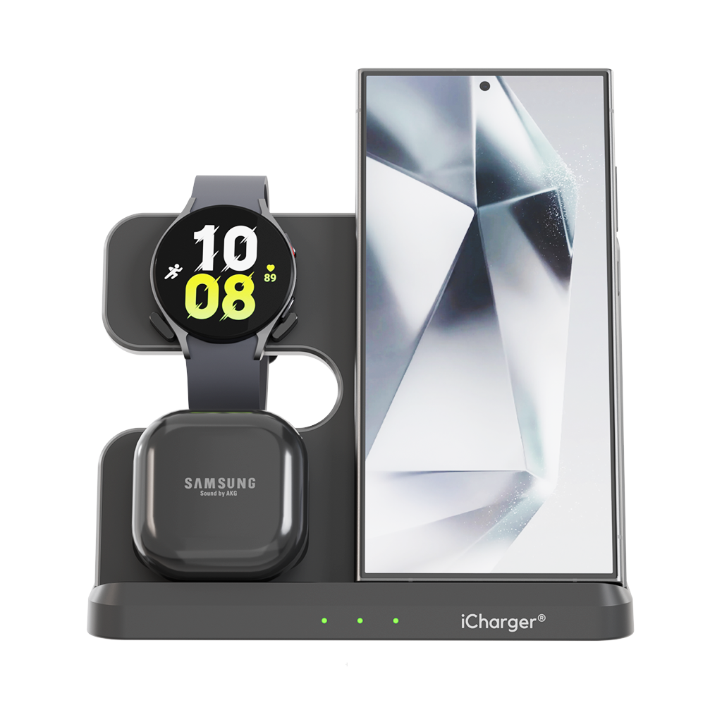 iCharger Samsung edition 3-in-1 Qi wireless charger with a smartphone, smartwatch, and earbuds, integrated charging station
