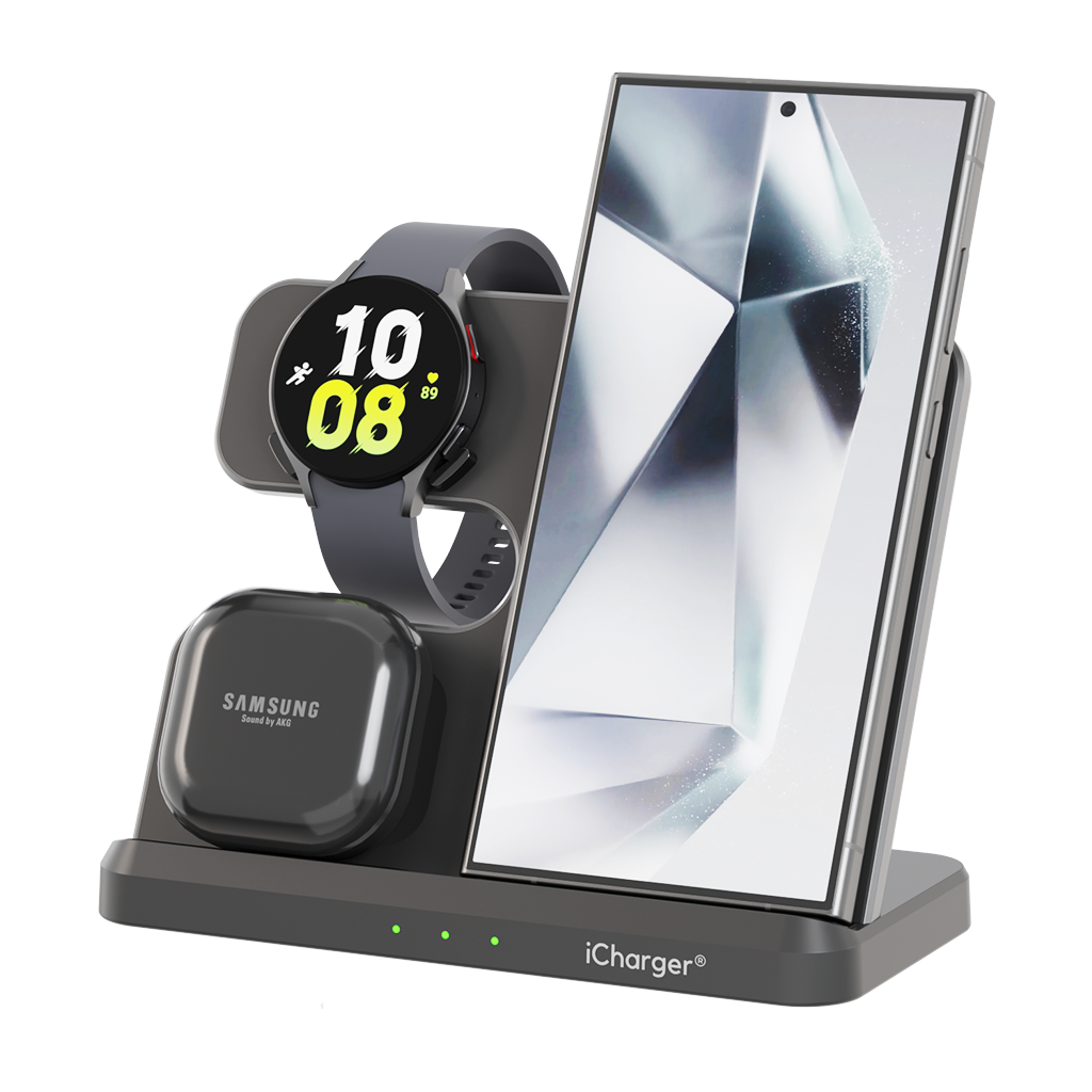 iCharger Samsungs edition 3-in-1 wireless charging station with Samsung smartphone, smartwatch, and earbuds on an integrated black charging dock.