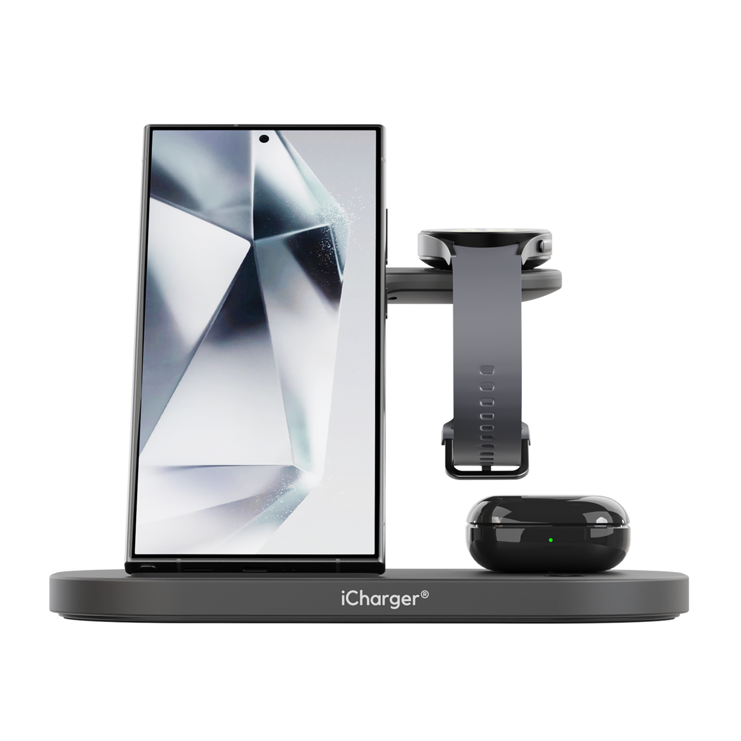 iCharger Samsung Pro 3-in-1 Qi wireless charger displaying charging status on Galaxy smartphone screen with smartwatch and earbuds docked.