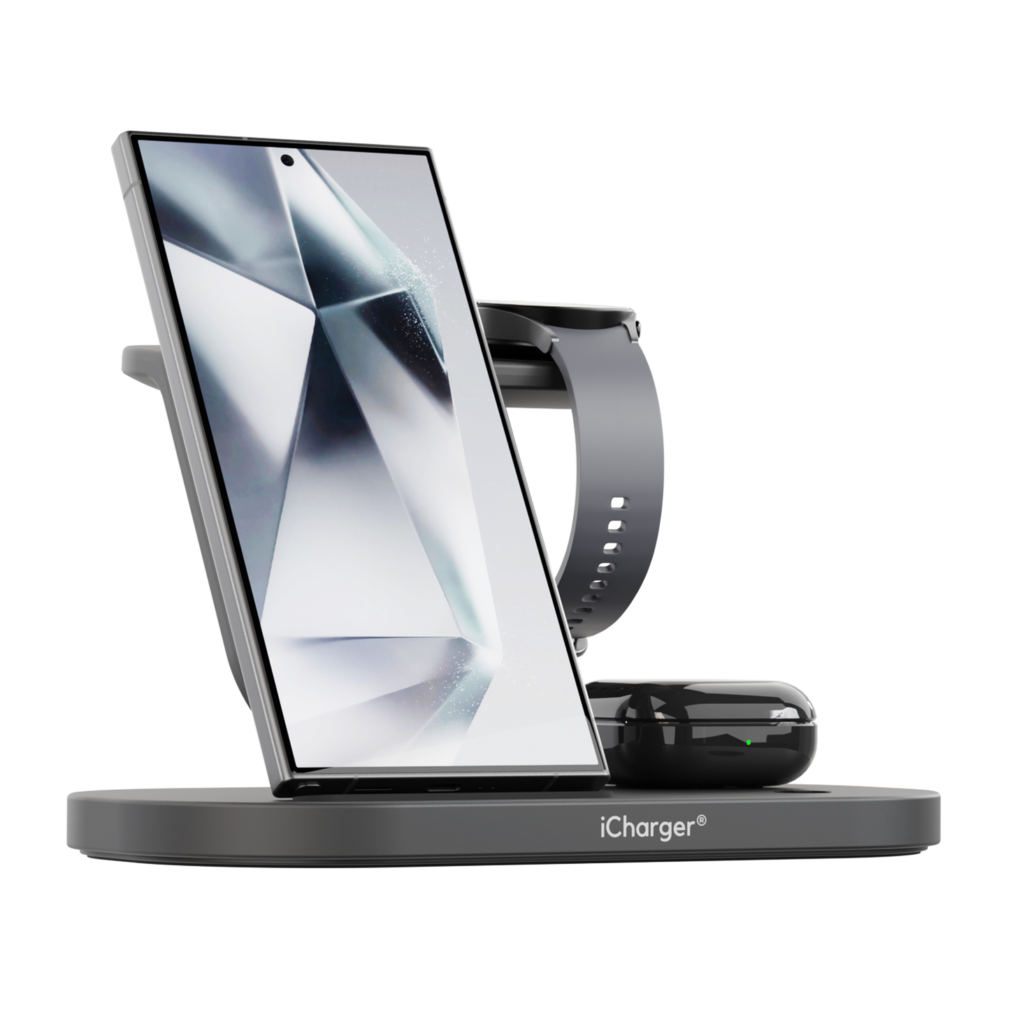 iCharger Samsung Pro Edition showcasing a smartphone at 32% battery on the wireless charger with a smartwatch and earbuds in the background.