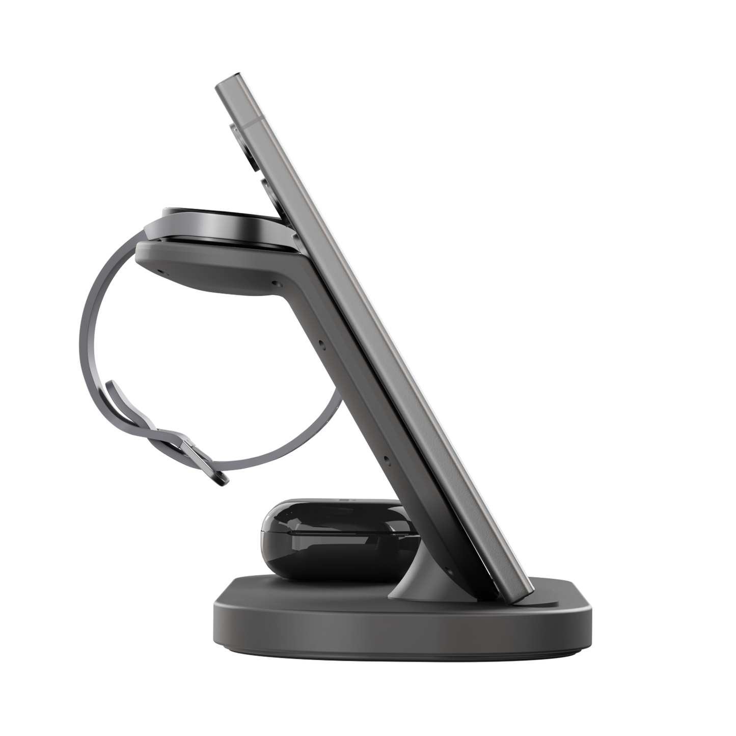 Side view of iCharger Samsung Pro 3-in-1 charging station with a sleek smartphone, smartwatch, and wireless earbuds, showcasing convenient charging technology.