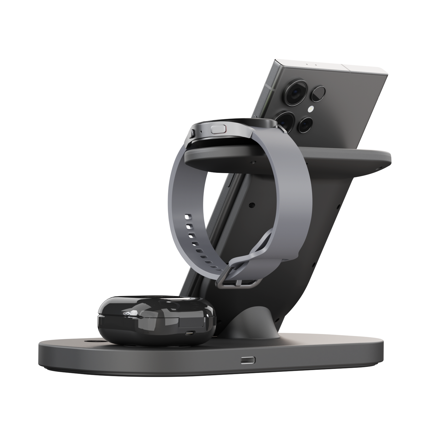 iCharger Samsung Pro wireless charging stand elegantly displaying a smartphone, smartwatch, and earbuds, highlighting the multi-device charging feature.