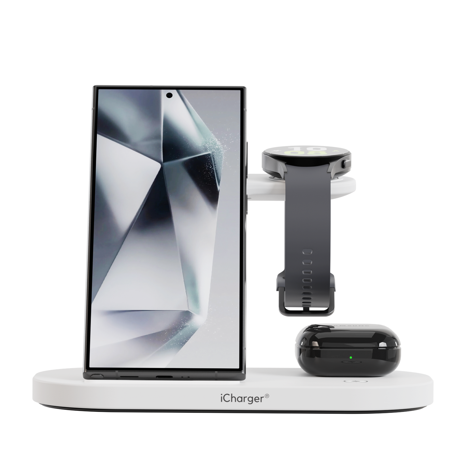 White iCharger Pro Edition 3-in-1 Wireless Charging Station for Samsung devices with fast-charging capability, displaying real-time battery status and weather on Galaxy Watch.