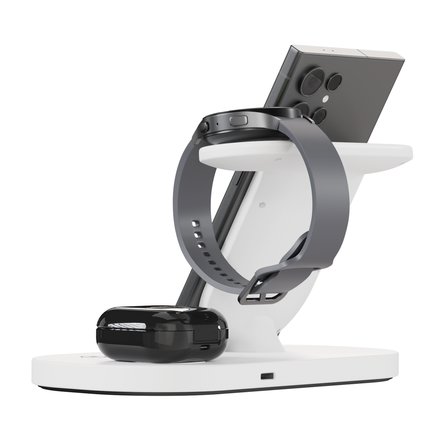 iCharger Pro Edition White sleek white 3-in-1 wireless charging station powering a Samsung Galaxy smartphone, smartwatch, and earbuds with an intuitive charging interface on display.