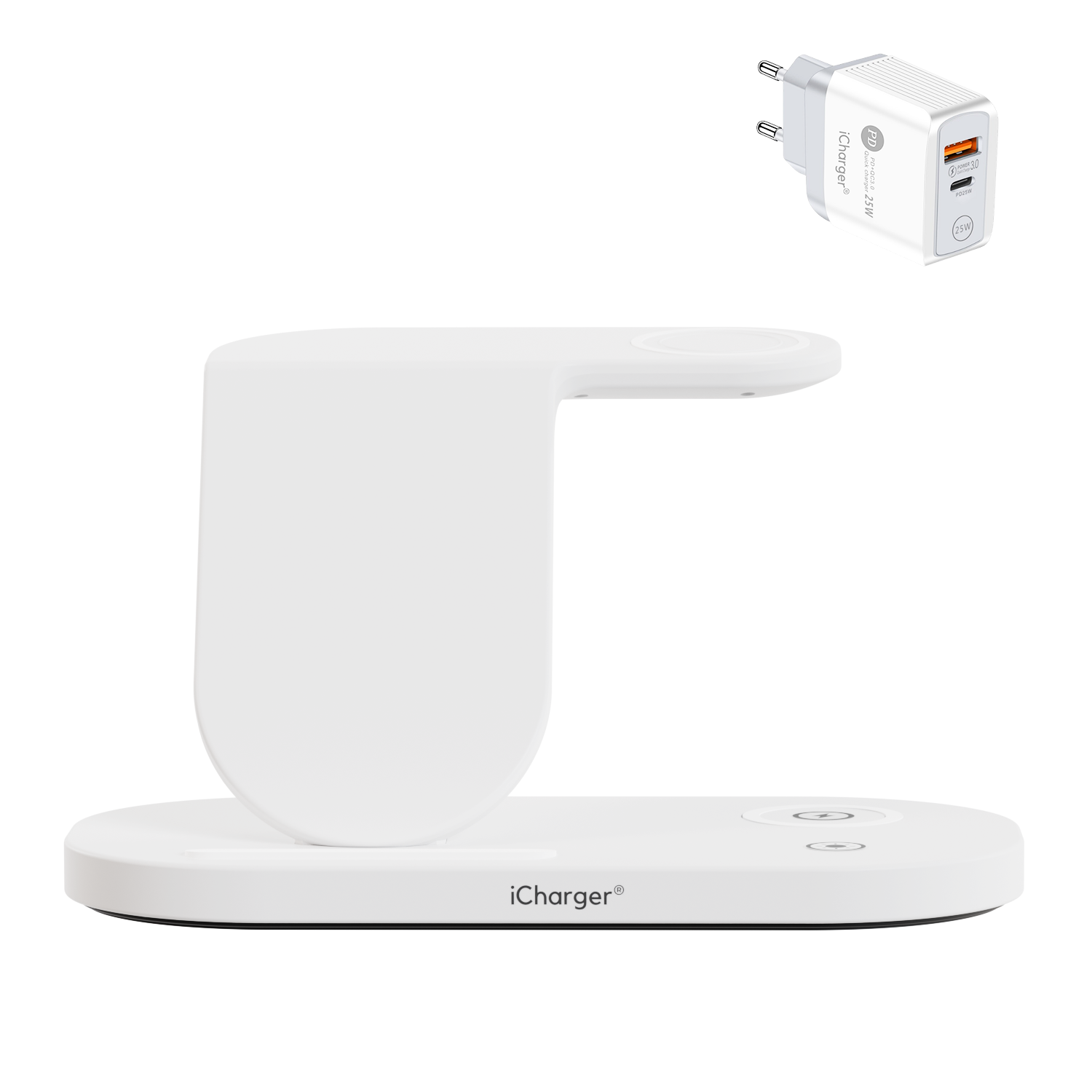 White iCharger Samsungs Pro 3-in-1 sleek white wireless charging station for Samsung, elegantly charging a smartphone, smartwatch, and earbuds with green LED indicator. 25W power adapter