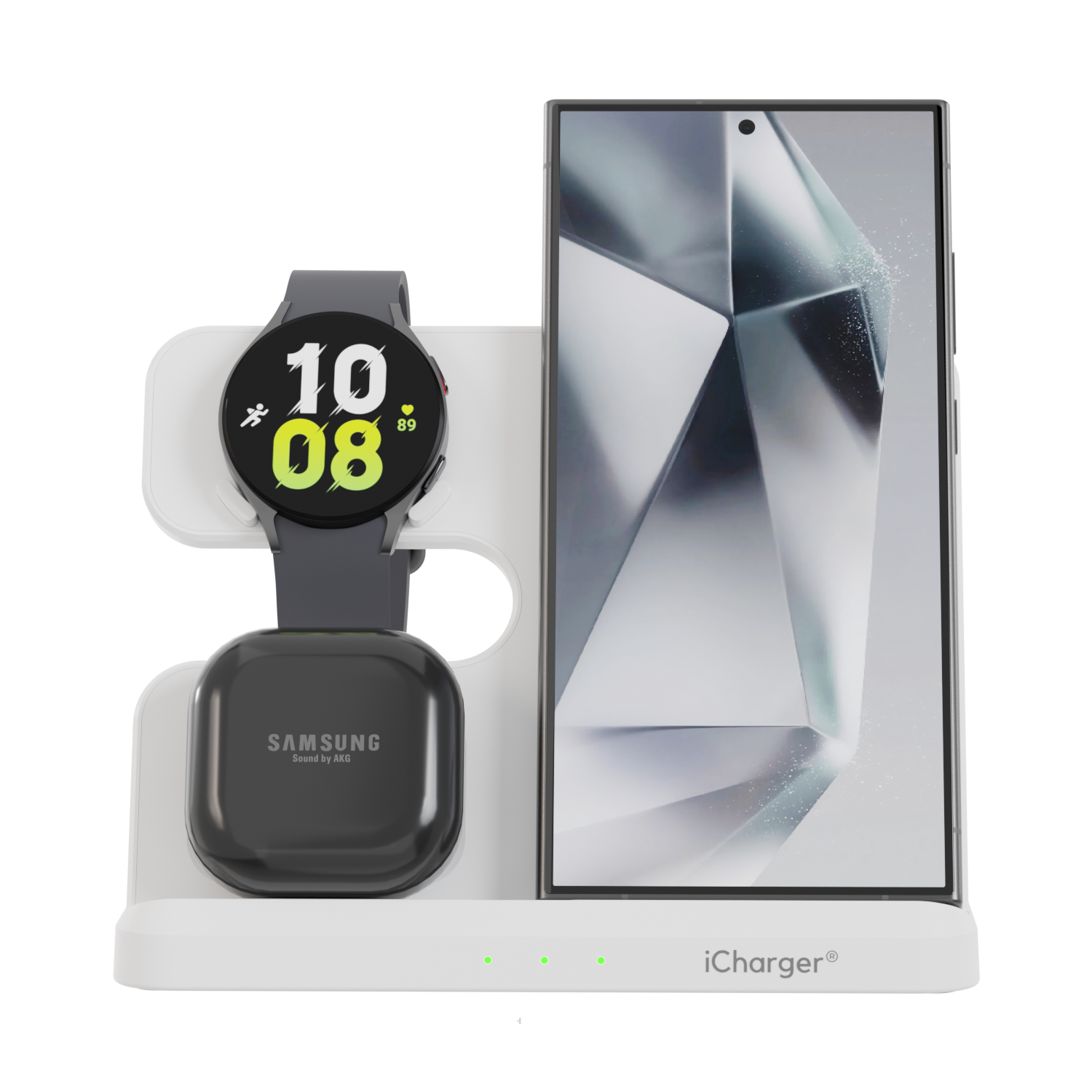 iCharger Samsungs editie in wit, 3-in-1 Qi draadloze oplaadstation met een Samsung smartphone en smartwatch, elegant oplaadoplossing