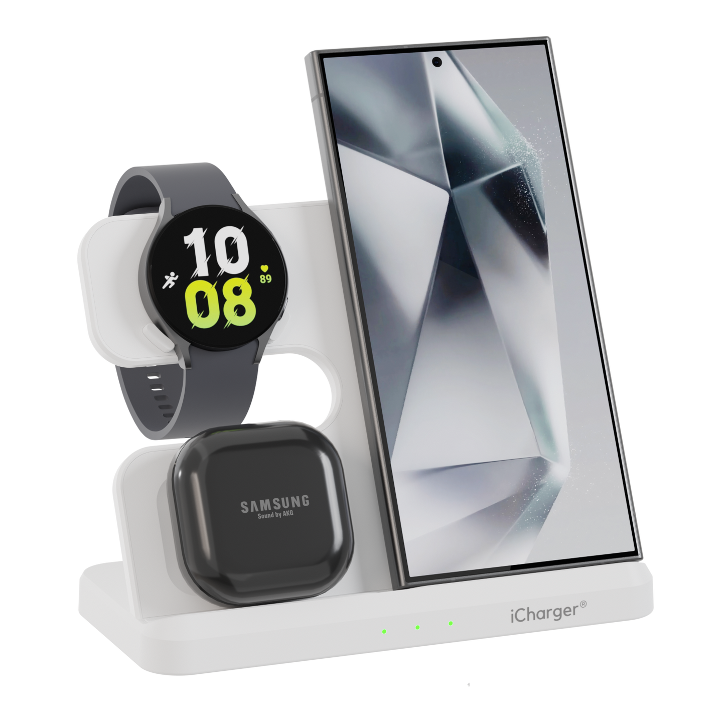 White iCharger Samsungs edition 3-in-1 Qi wireless charging station with a Samsung smartphone and smartwatch, elegant charging solution