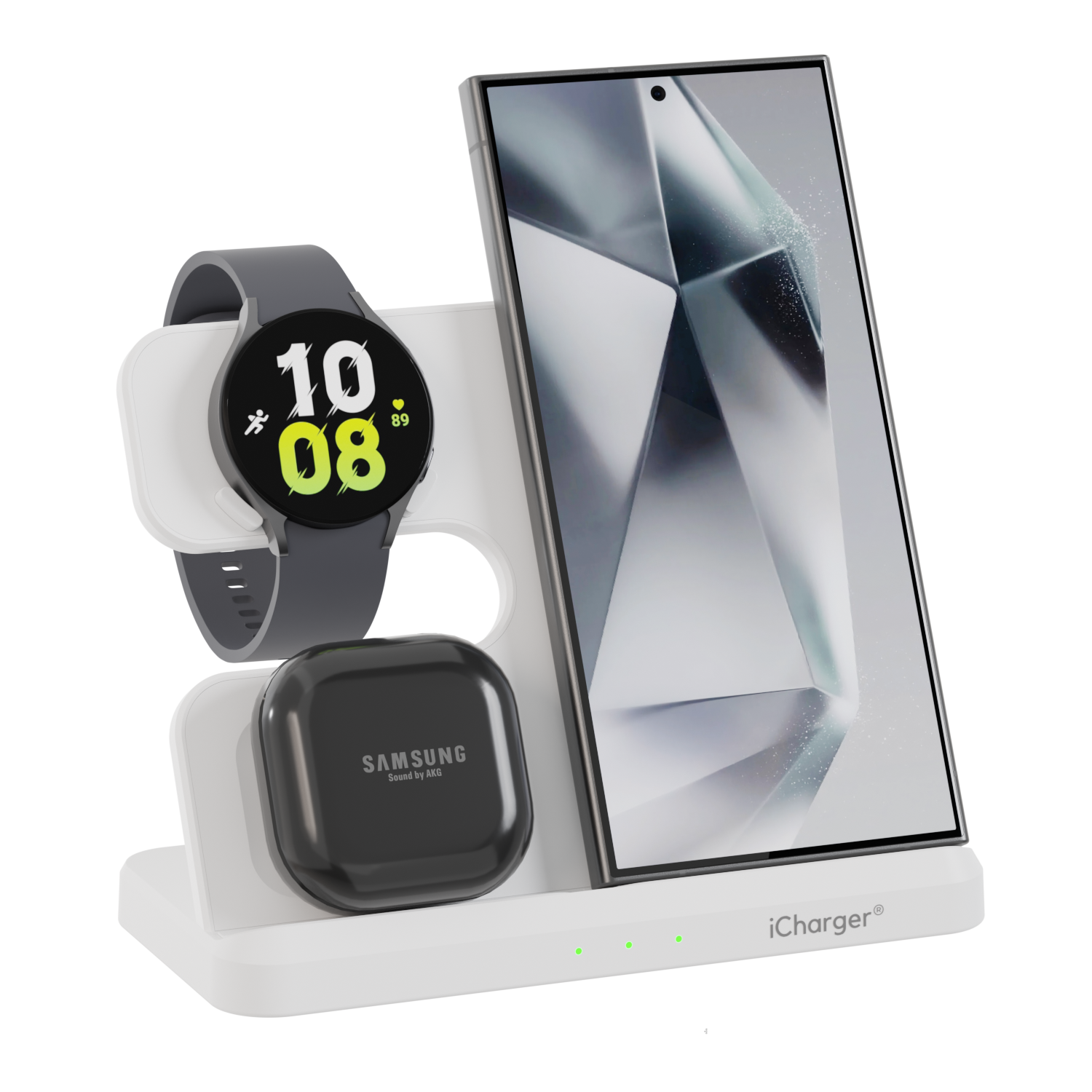 White iCharger Samsungs edition 3-in-1 Qi wireless charging station with a Samsung smartphone and smartwatch, elegant charging solution